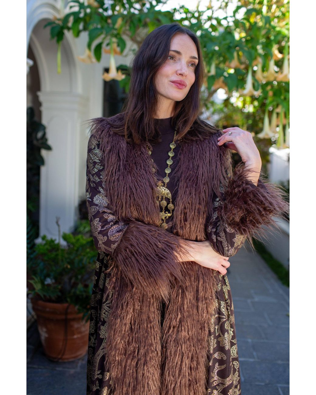 Jennafer Grace Brown Penny Deluxe Filigree Morena Faux Fur Trim Coat
