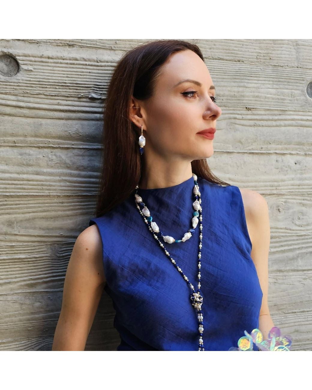 Farra Metallic Pearls And Lapis Versatile Long Necklace