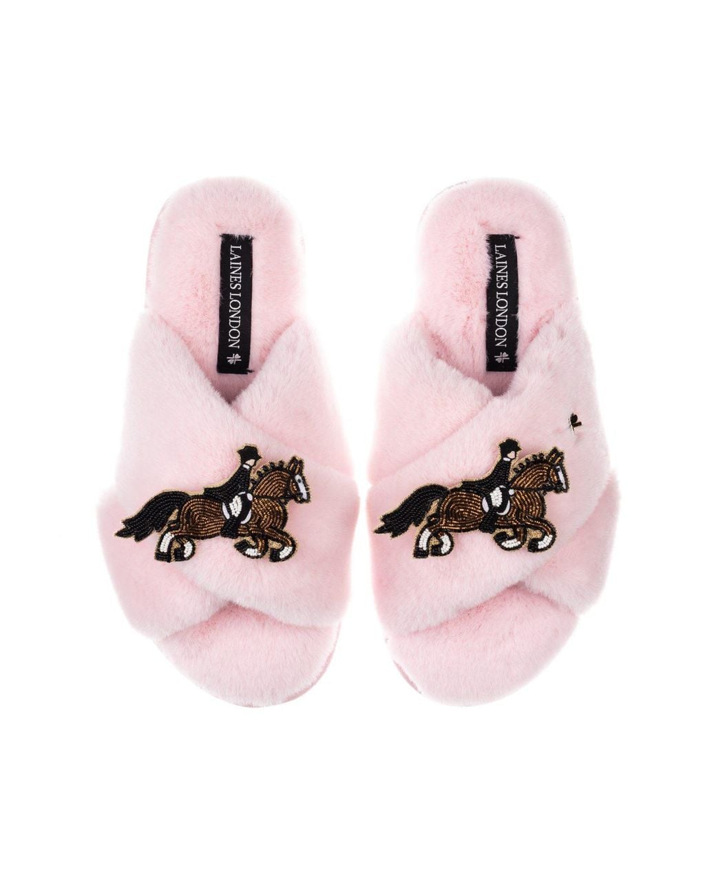 Laines London Pink Classic Laines Slippers With Dressage Horse Brooches