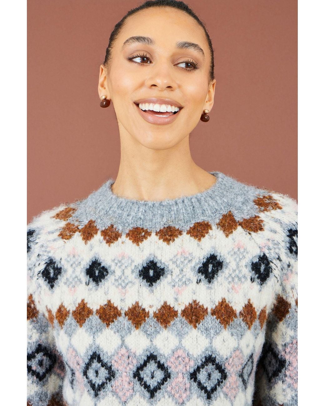 Yumi' Gray Fairisle Wool Blend Relaxed Jumper