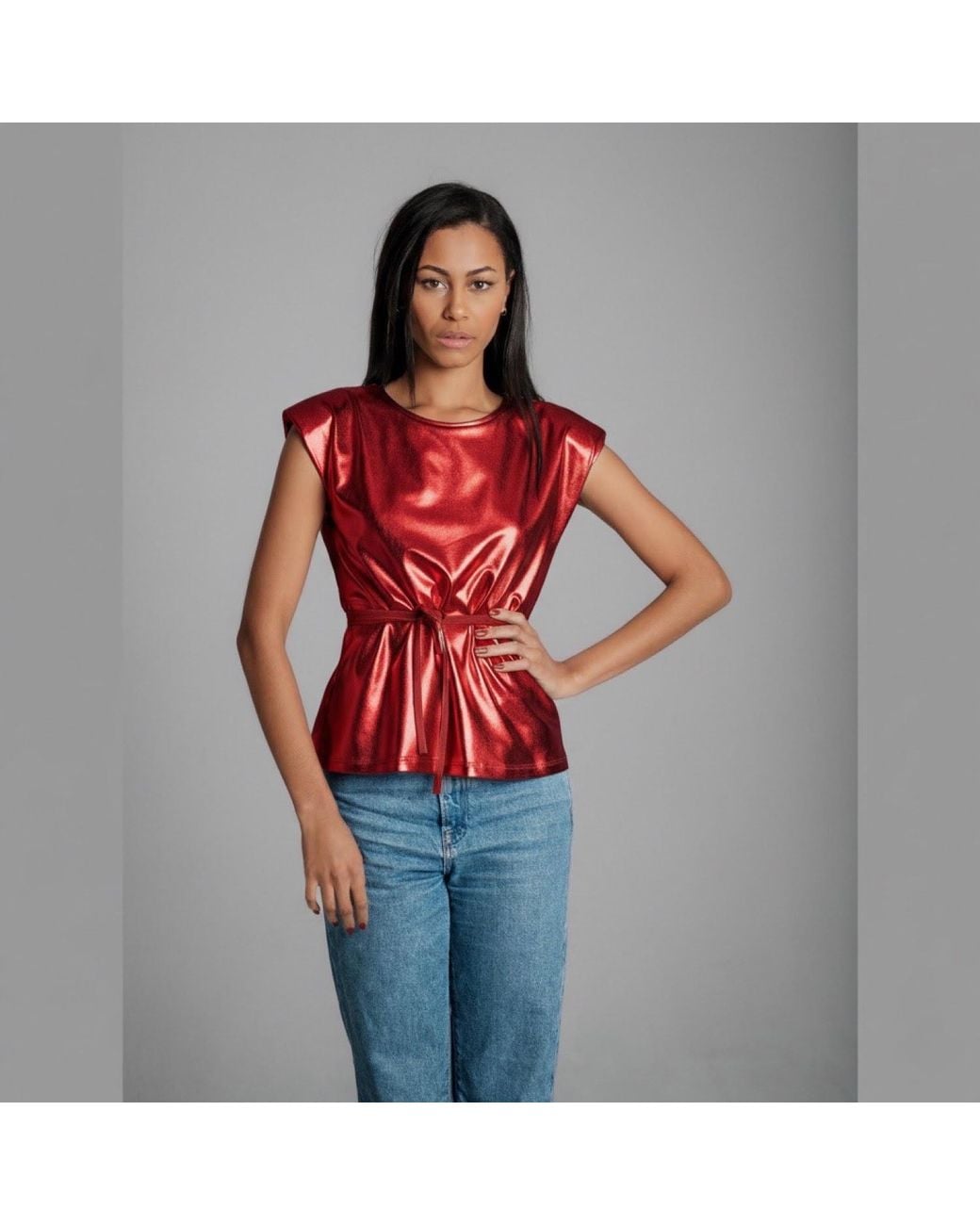 Imaatu Red Bowie Glam Metallic Faux Leather Shoulder Pad Top