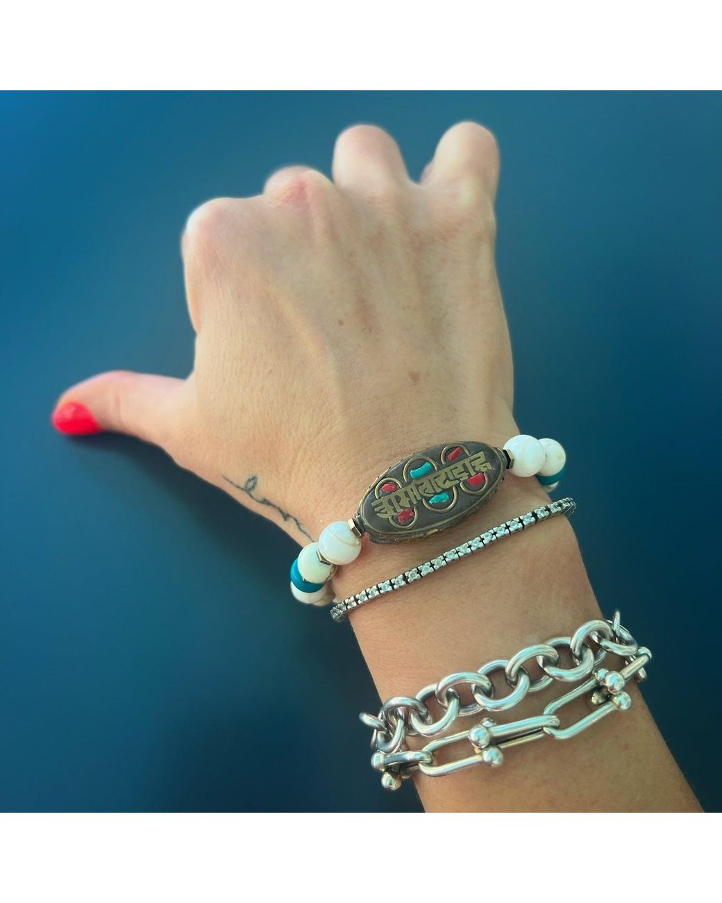 Ebru Jewelry Metallic Om Mani Padme Hum Nepal Bracelet