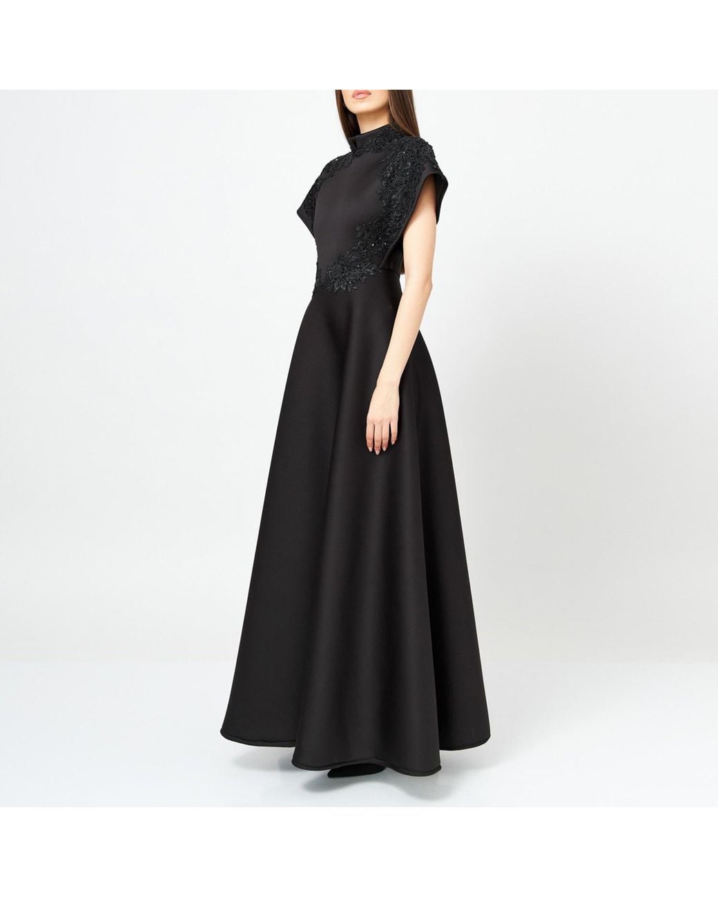LIA ARAM Black Embellished Neoprene Evening Dress