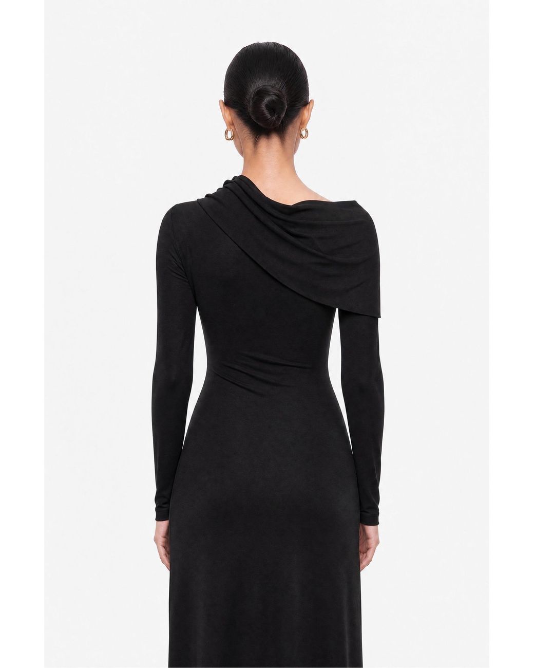 Nocturne Black Asymmetric Neck Draped Maxi Dress