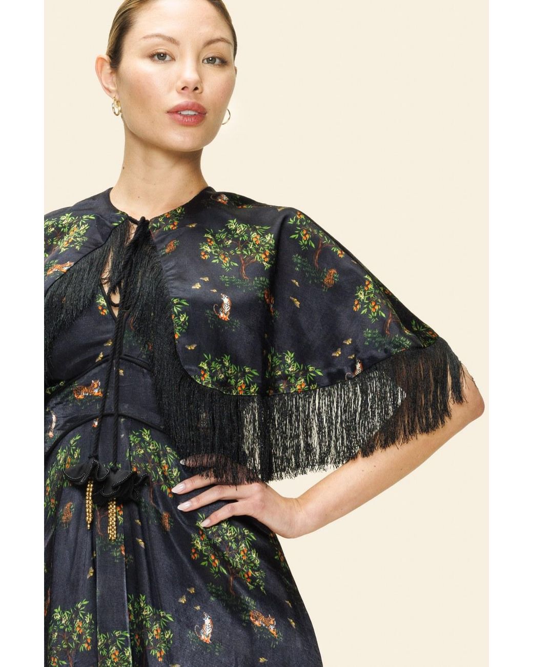 Ashaki Black The Tiger Fringe Cape With Embellishments