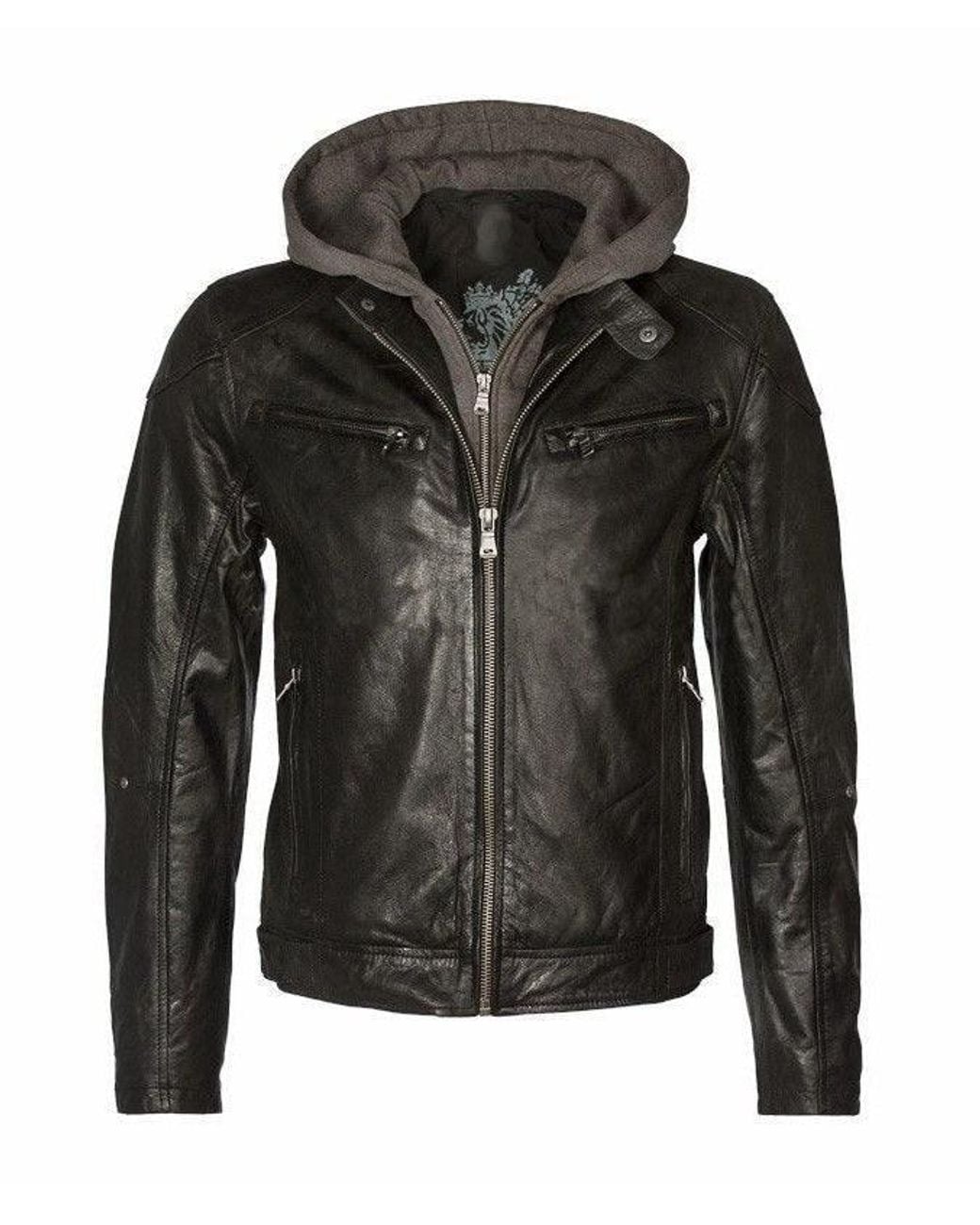 Mauritius Black Removable Hood Leather Jacket Biko for men