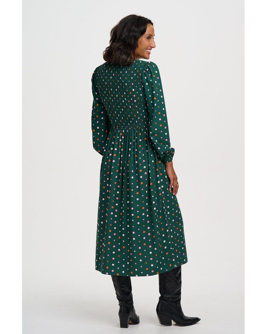 Sugarhill Green Kasia Shirred Midi Dress Dark Dots