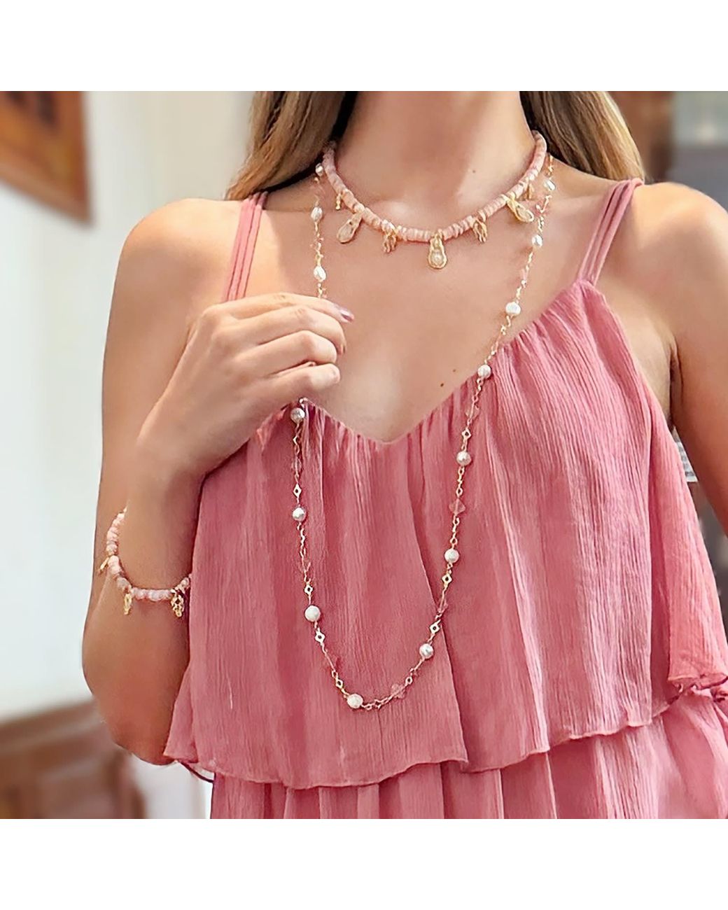 Farra Pink Bohemian Shell With Gemstone Charms Bracelet