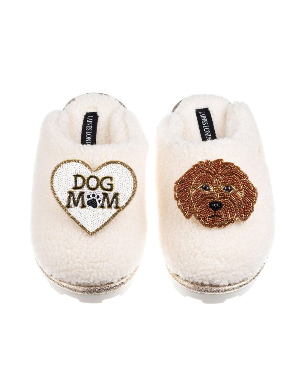 Laines London White Neutrals Teddy Closed Toe Slippers With Dog Mum Mom & Apricot Cockapoo Brooches
