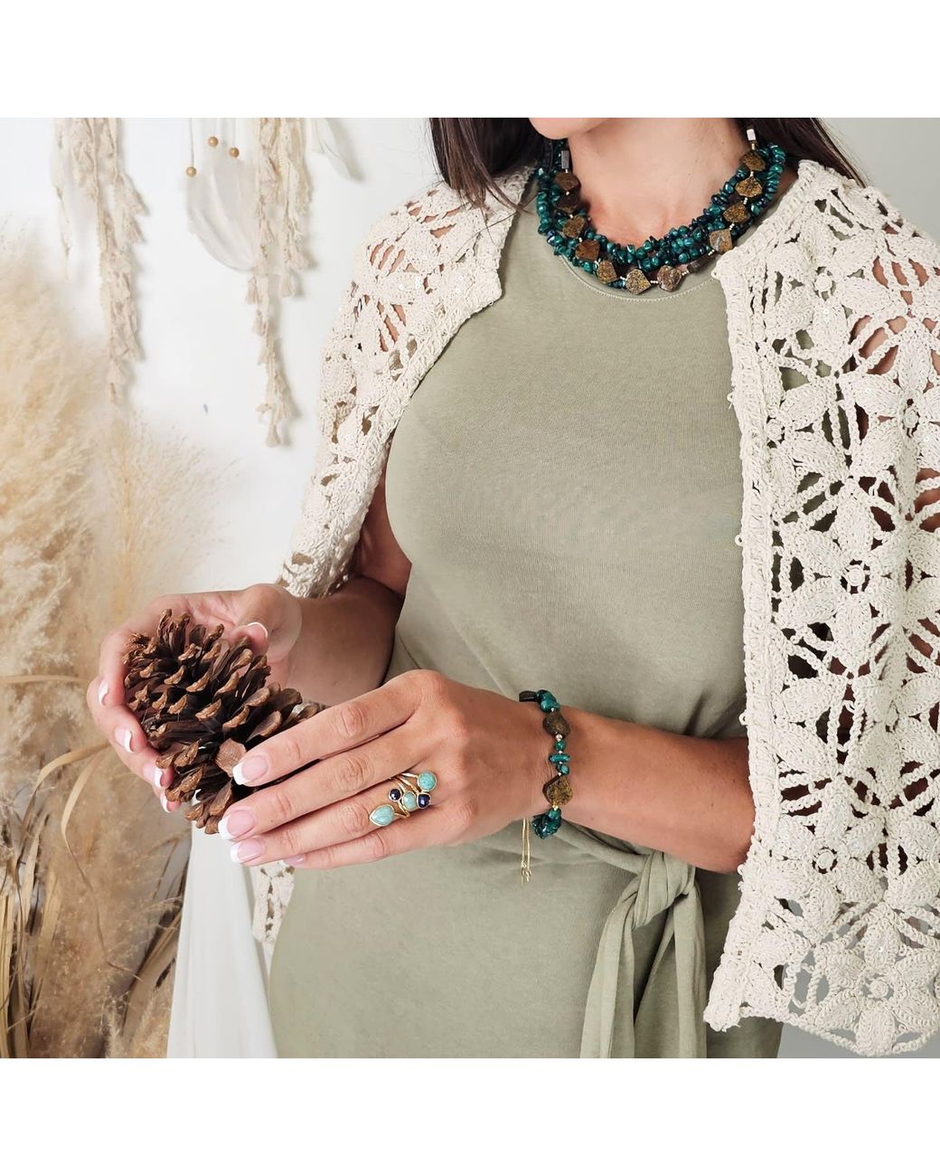 Farra Green Bamboo Coral With Tiger-Eye Bracelet