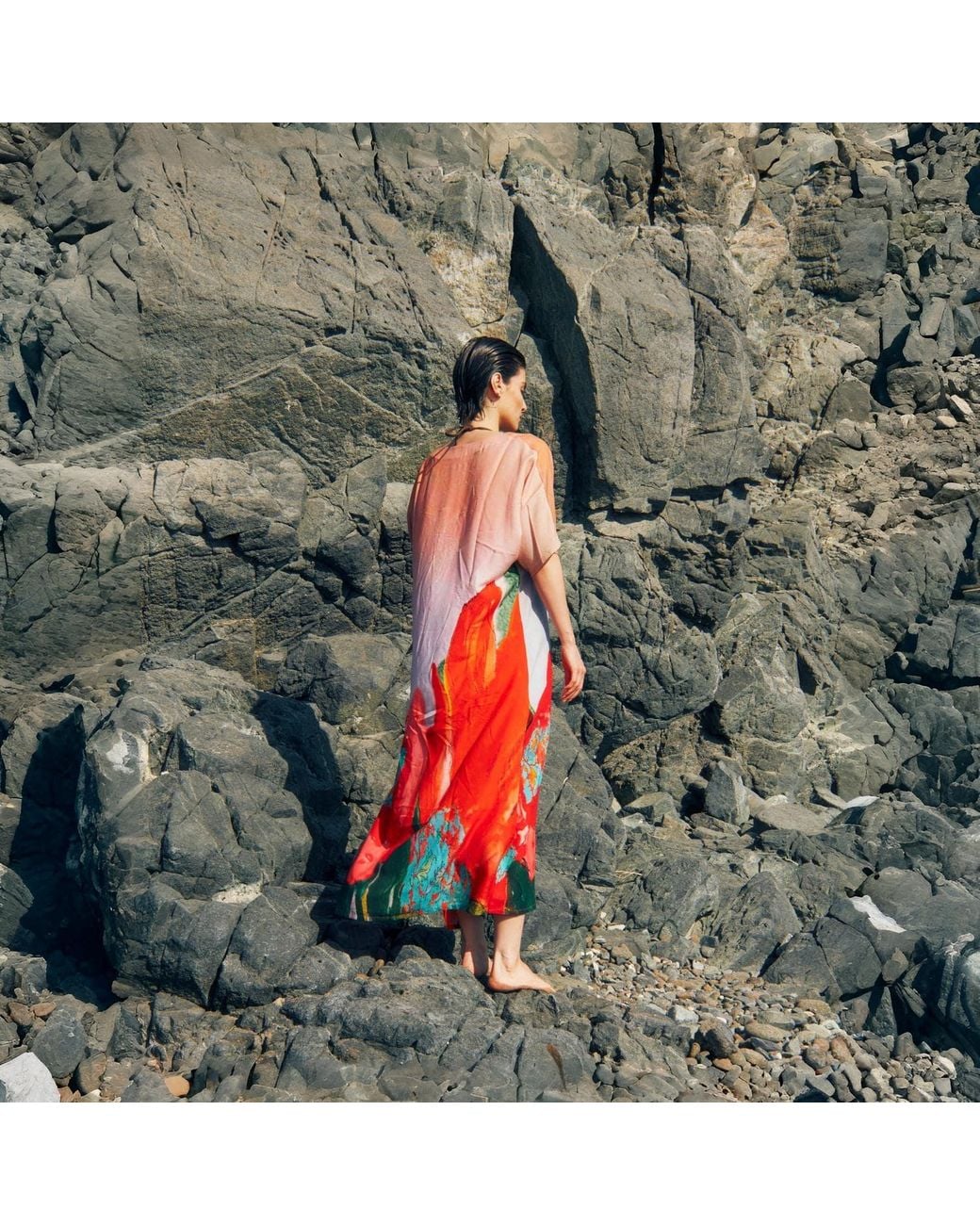 DHARA SHETH DUBAI Red Coral Mirage Floral Kaftan Maxi Dress With Side Slits