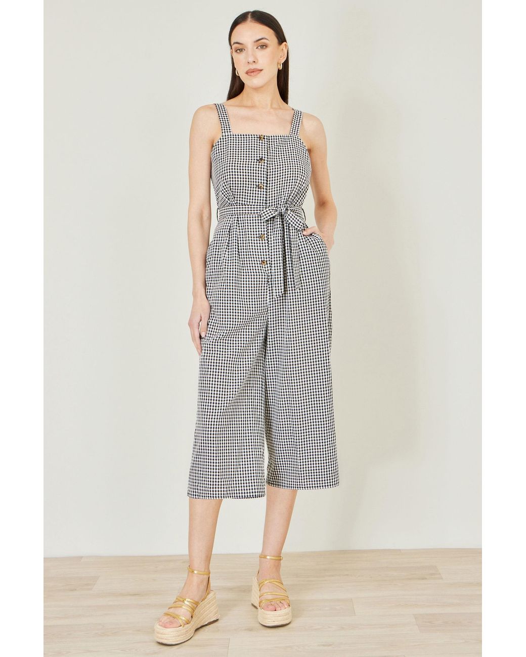 Yumi' Gray Gingham Button Through Jumpsuit