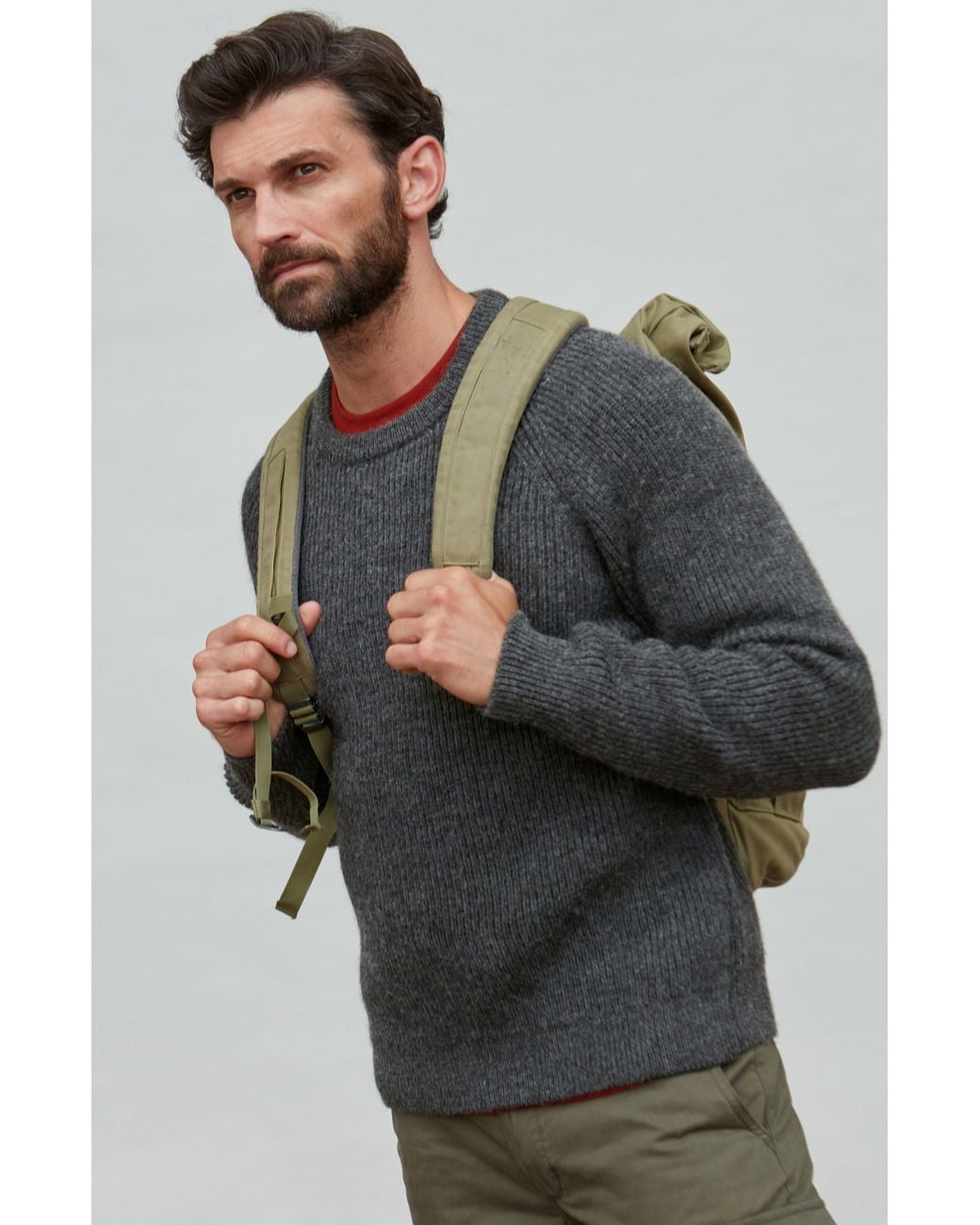 Paul James Knitwear Gray Sheepsoft British Wool Byroon Fisherman Rib Knit Jumper for men