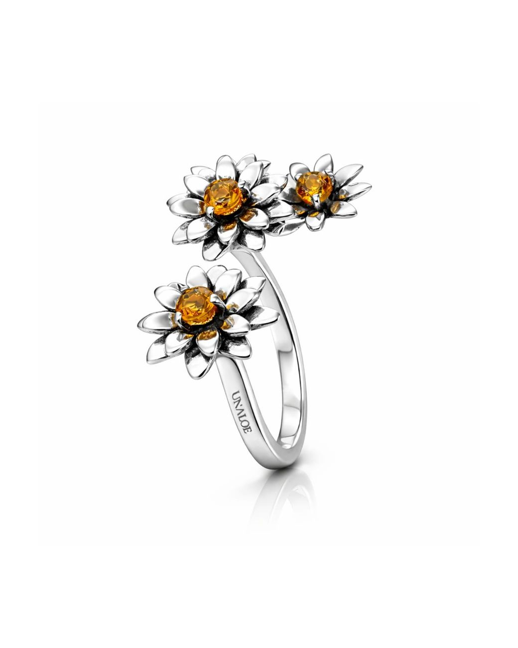 Unaloe Metallic Sterling Flower Ring With Natural Citrine – Floral Gemstone Ring, Luxury Italian Artisan Jewelry For