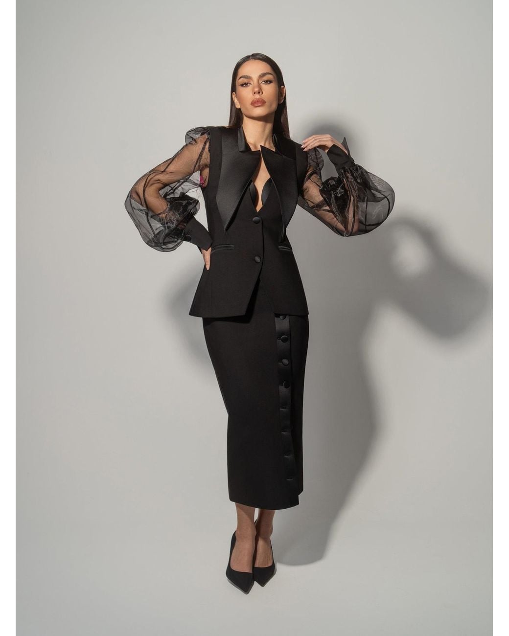 Tia Dorraine Black Femme Fatale Tailored Blazer With Organza Sleeves & Skirt Set