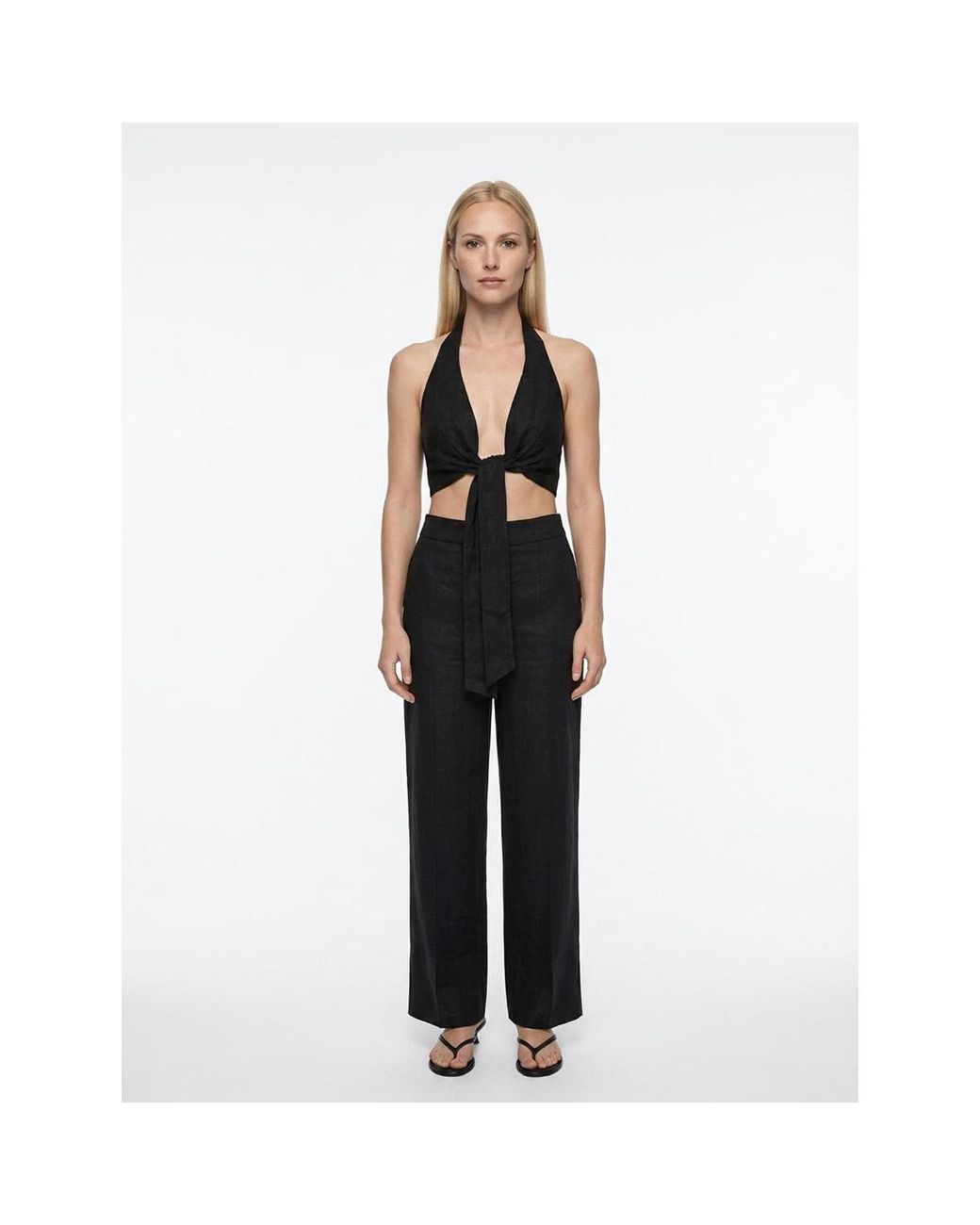 Women & Women Blue Linen Palazzo Pants With Double-Fold Hem