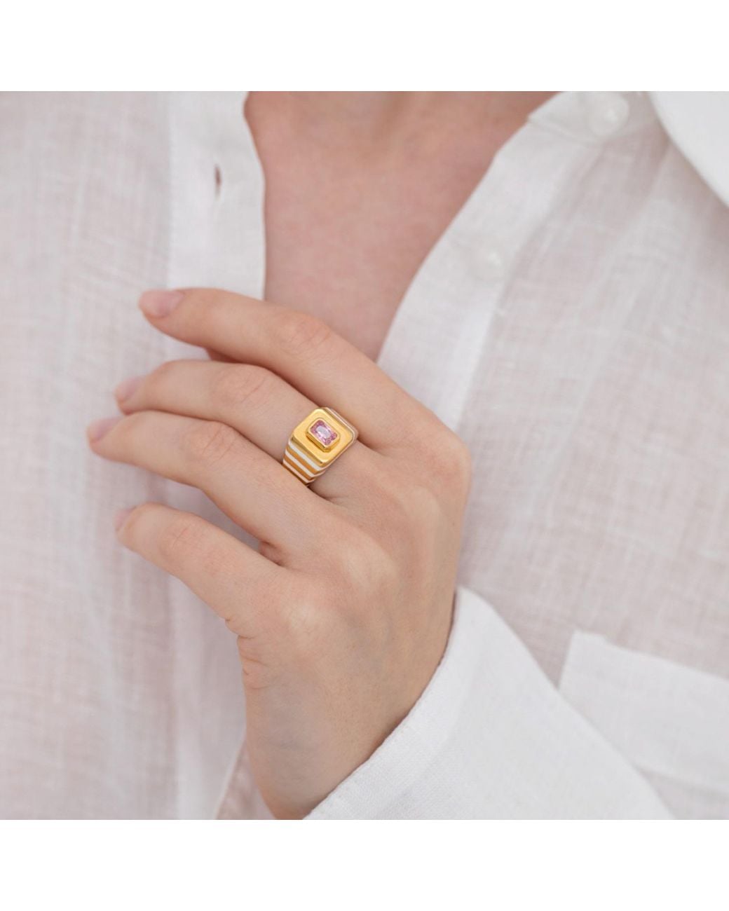 LINYA JEWELLERY Metallic Octagon Stone Enamel Signet Ring Sterling