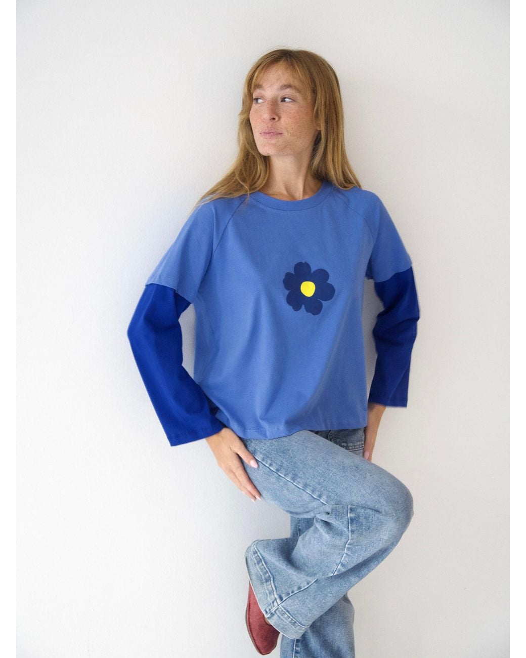 Mind Traveler Blue Double Sleeve Cropped Aria T-Shirt With Flower Detail