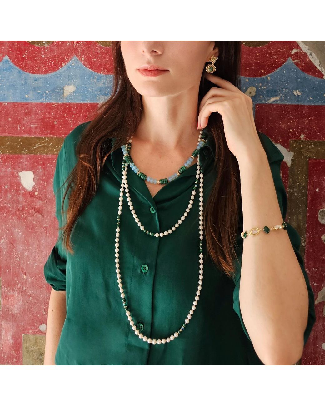 Farra White Malachite With Freshwater Pearls Versatile Long Necklace