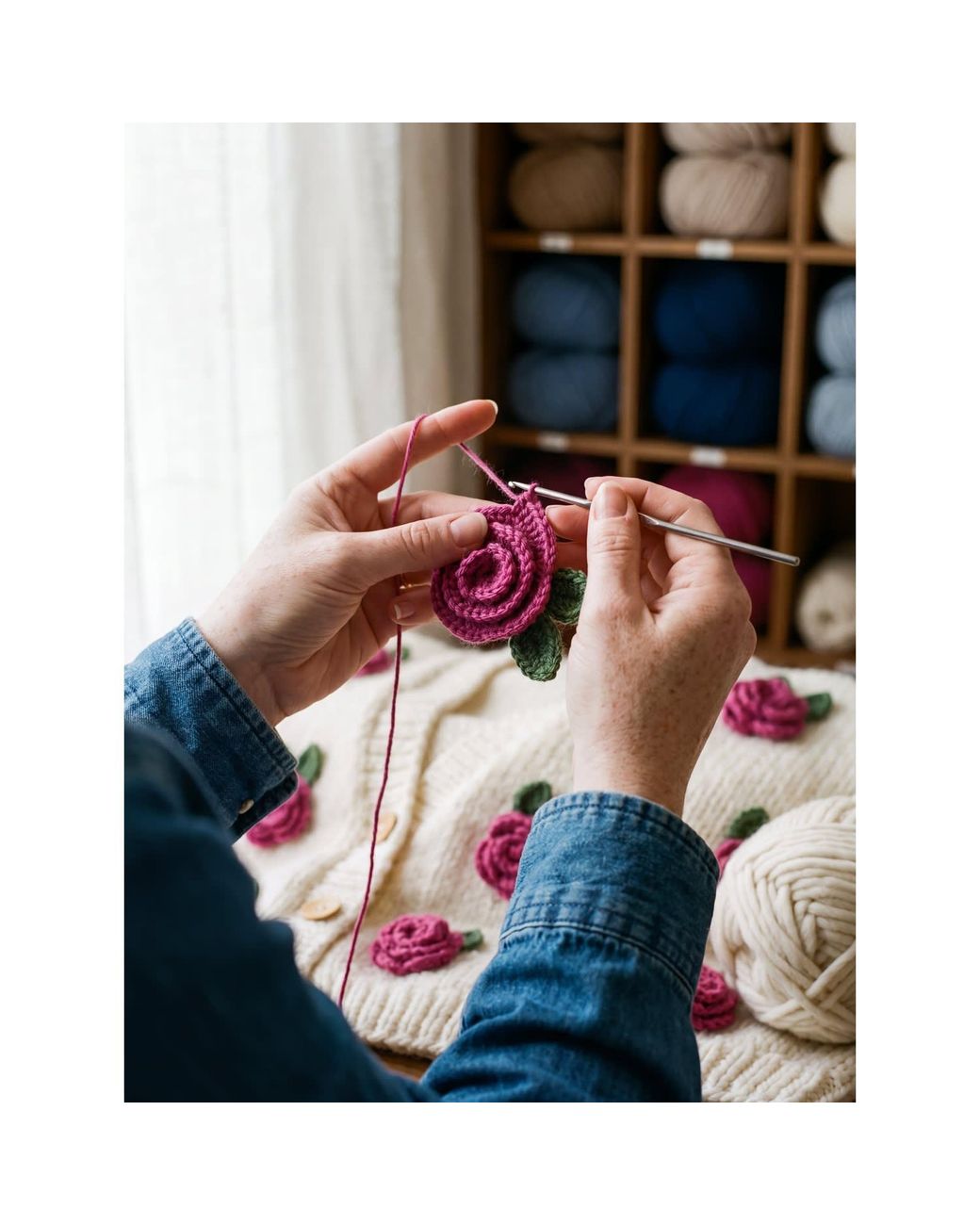 Ana Chic Pink Neutrals Rose Motif Handmade Knitted Cardigan
