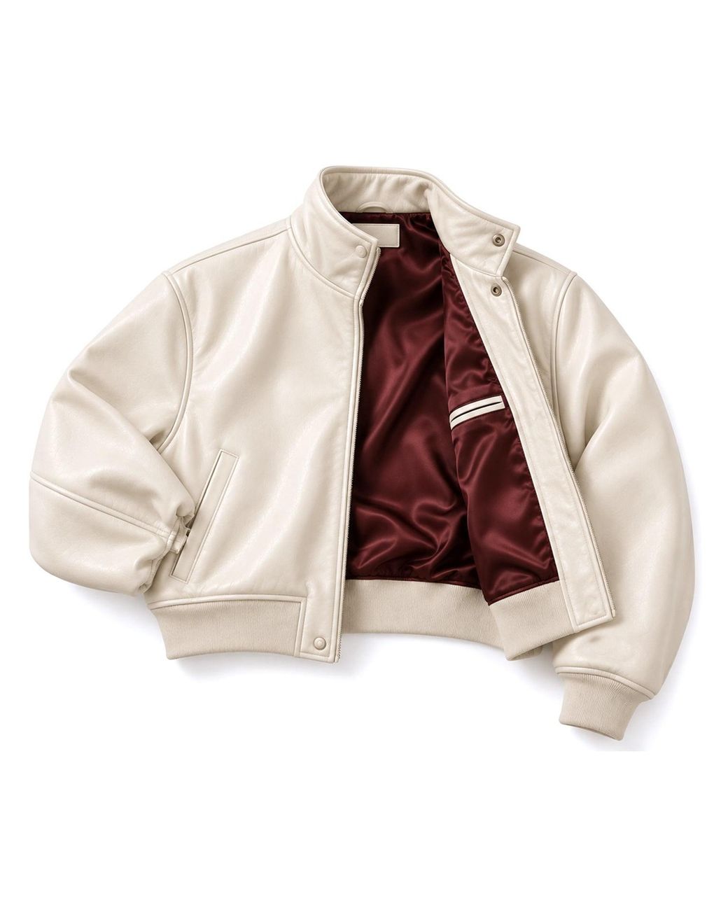COOL Creative Natural Neutrals Cropped Funnel Neck Leather Bomber Jacket