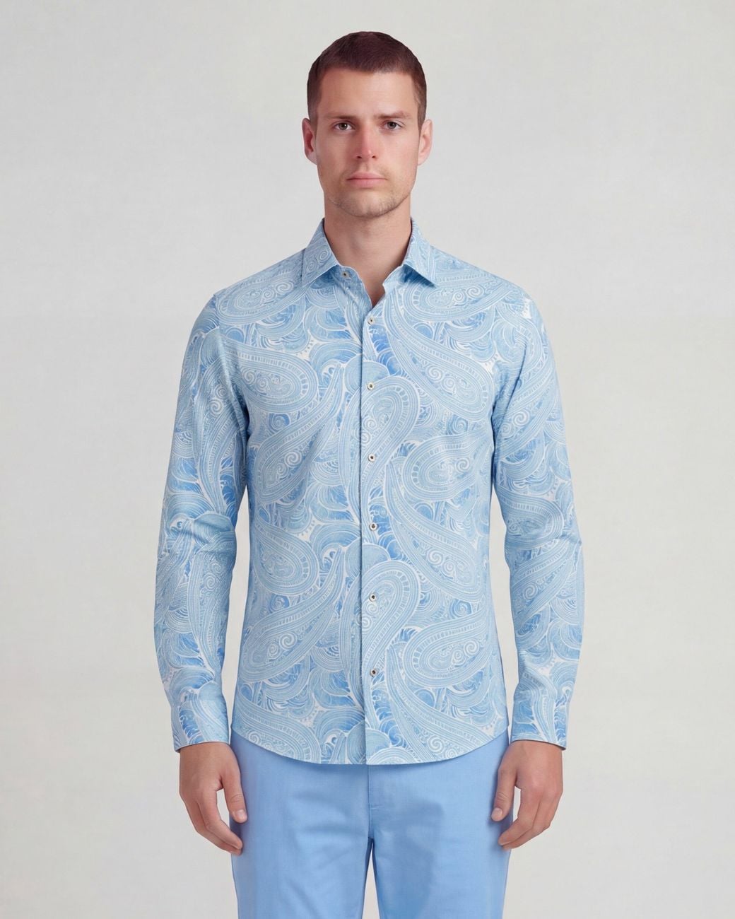 Lords of Harlech Blue Laurent Marakesh Paisley Linen Printed Shirt for men