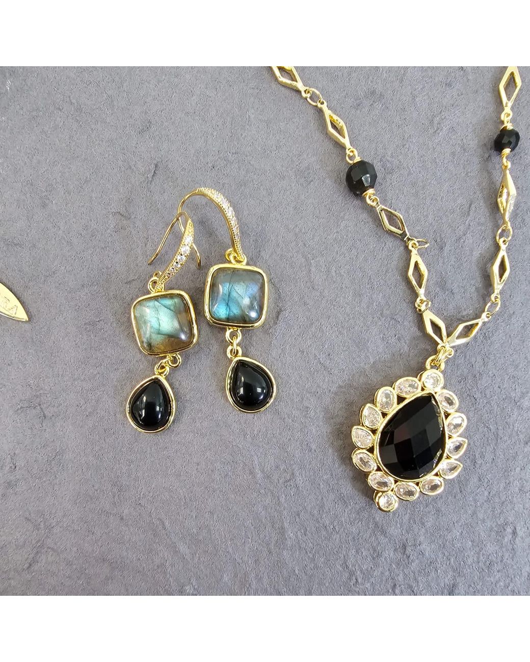 Farra Blue Labradorite With Teardrop Obsidian Earrings