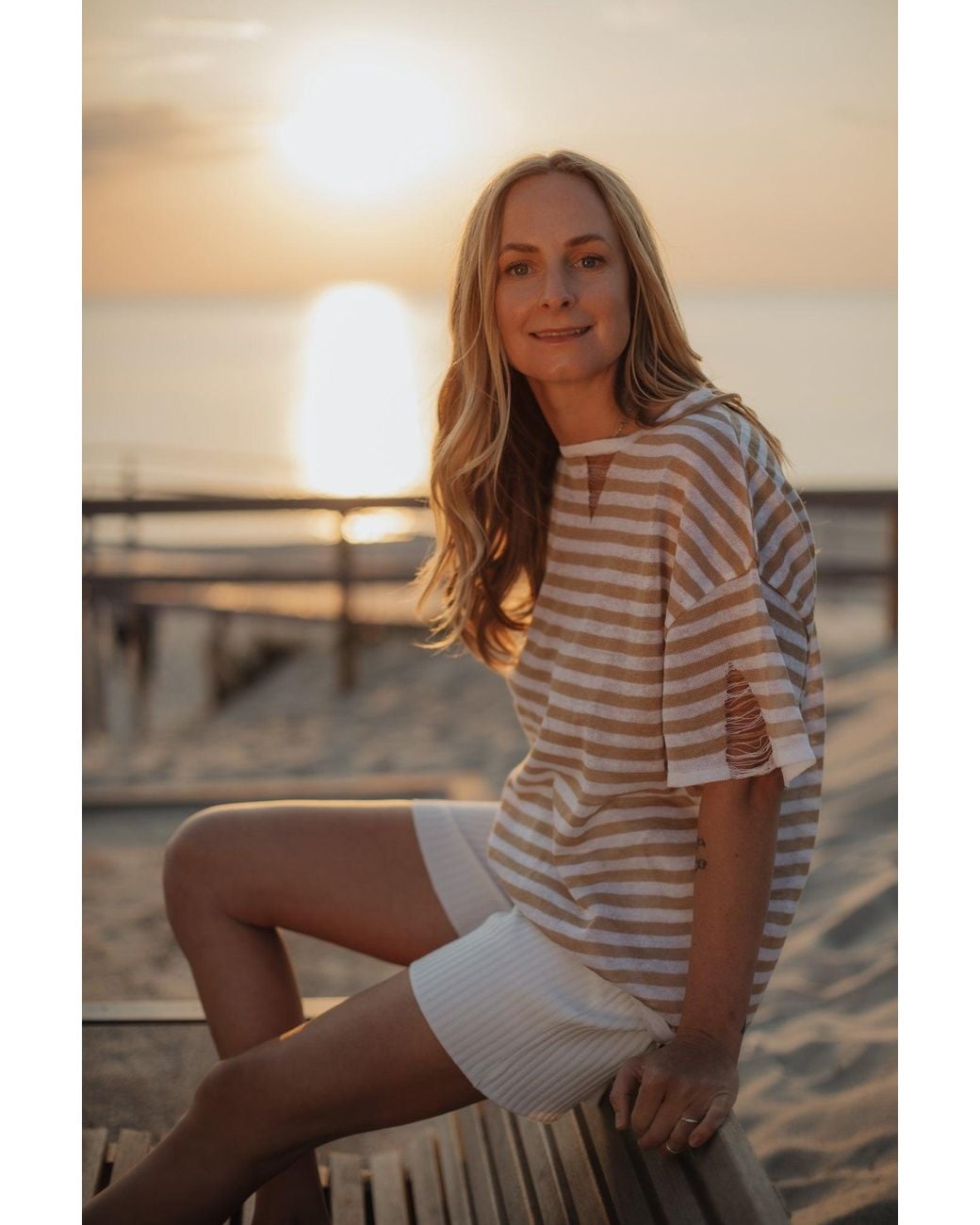 SALANIDA White Energia Ripped Linen T-Shirt Caramel Striped