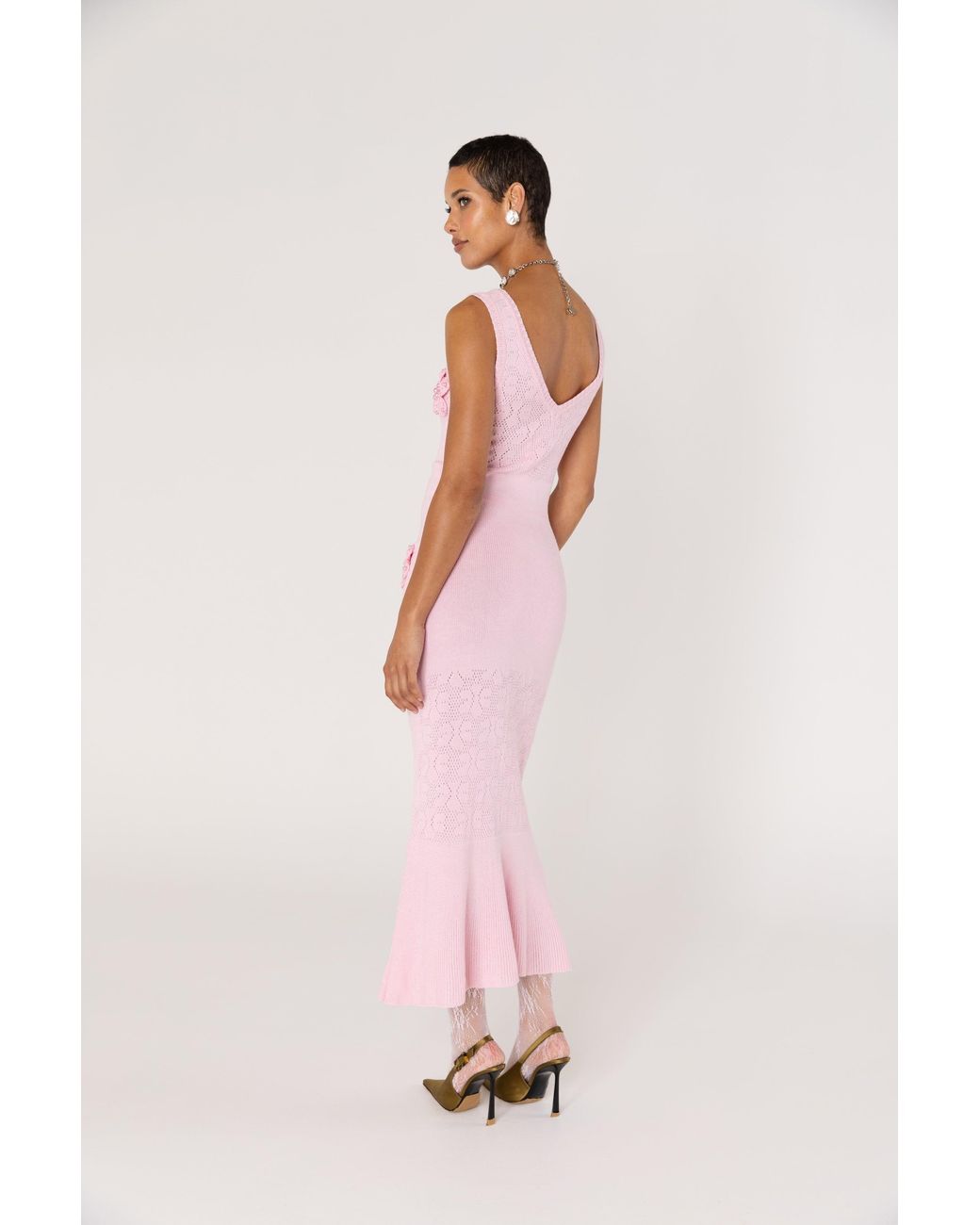 Andreeva Pink Rose Vanilla Knit Dress With Handmade Knit Details