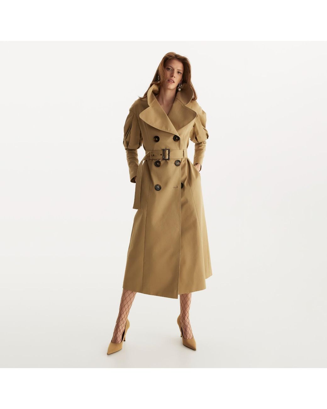Lita Couture Natural Statement Pleated Shoulders Trench Coat