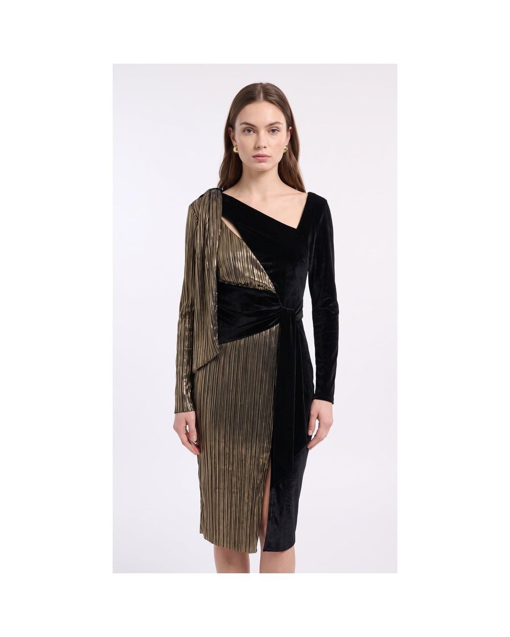 concept A trois Multicolor Bronze Velvet And Plissé Midi Dress With Detachable Scarf