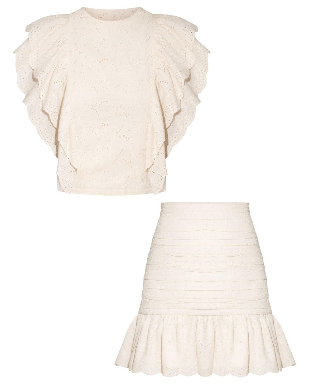 Tia Dorraine Natural Neutrals Ruffled Open Back Top & Ruched Mini Skirt Set