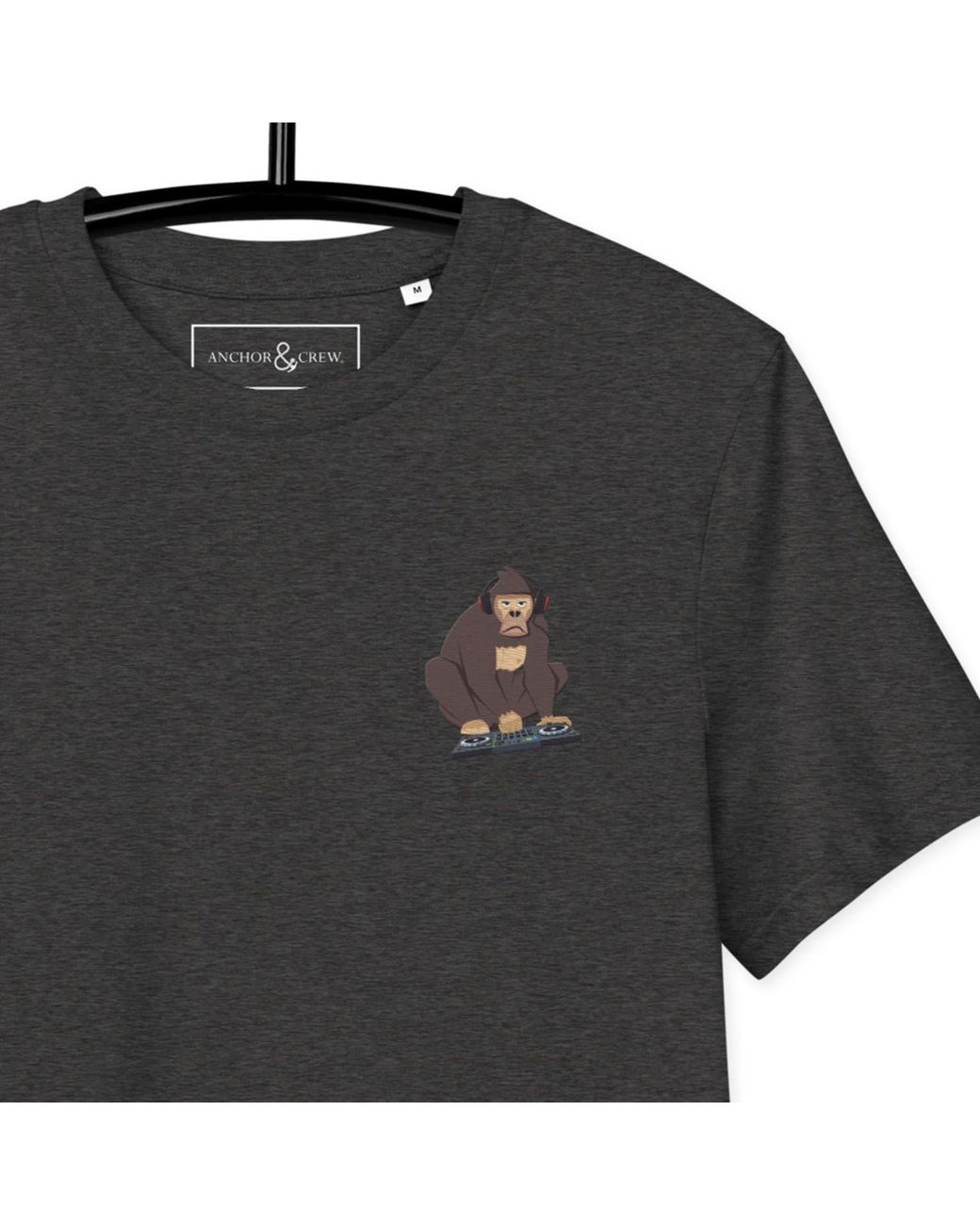 Anchor and Crew Black Heather D J Monkey Organic Cotton Embroidered T-Shirt
