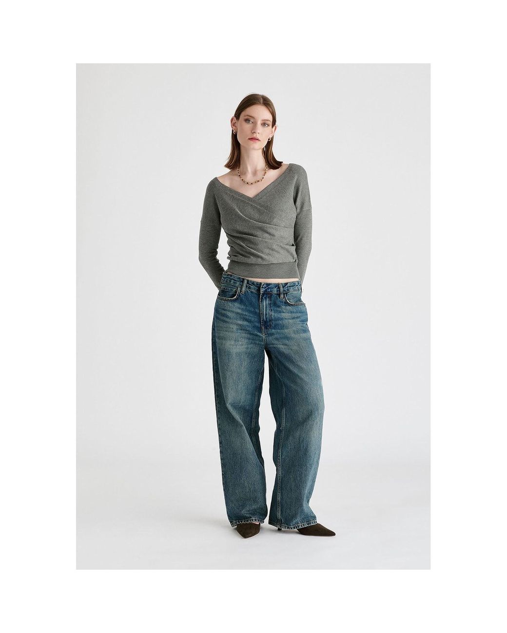 Paisie Gray Knitted Wrap Top With Long Sleeves