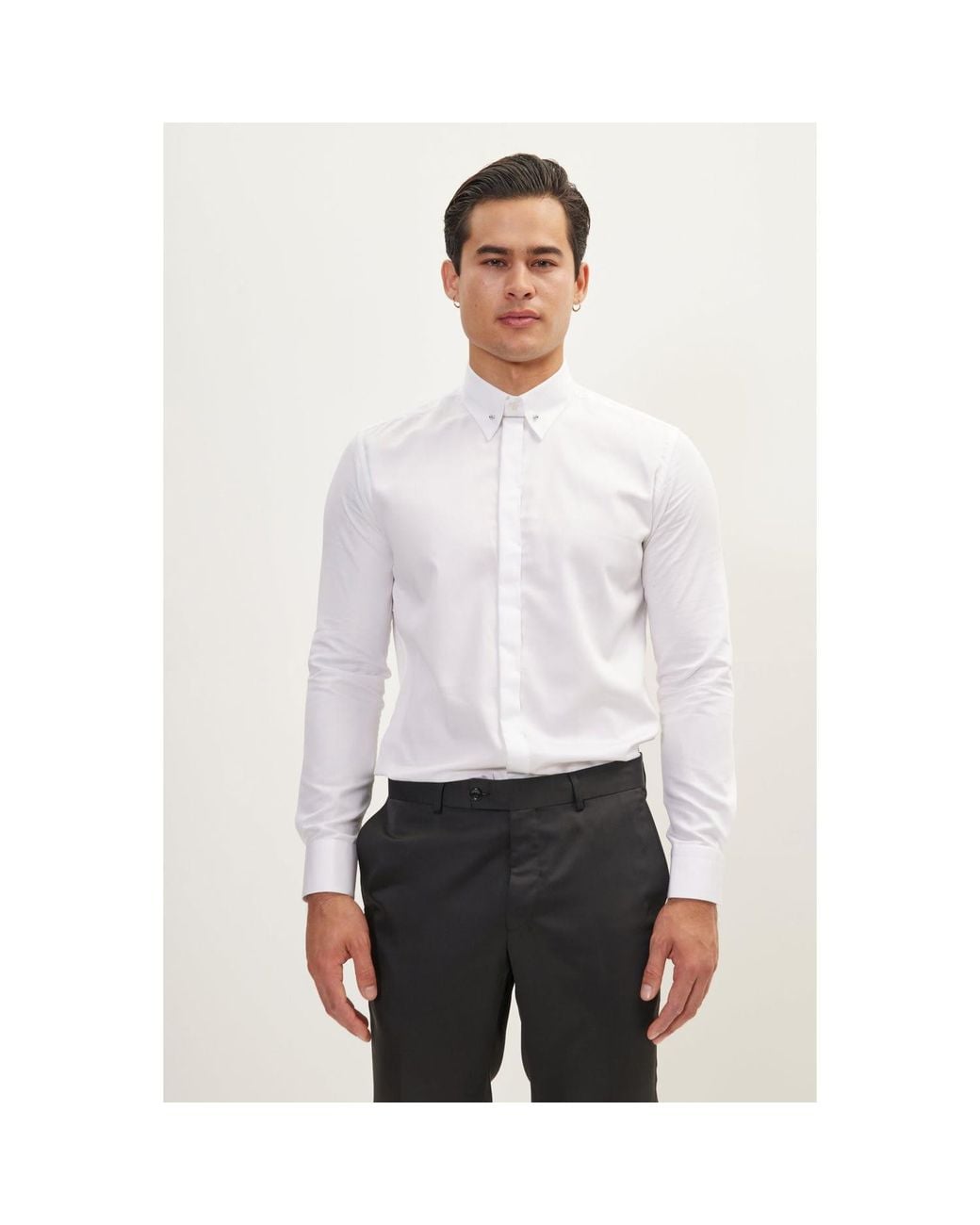 Ron Tomson White Collar Pin Hidden Placket Dress Shirt for men
