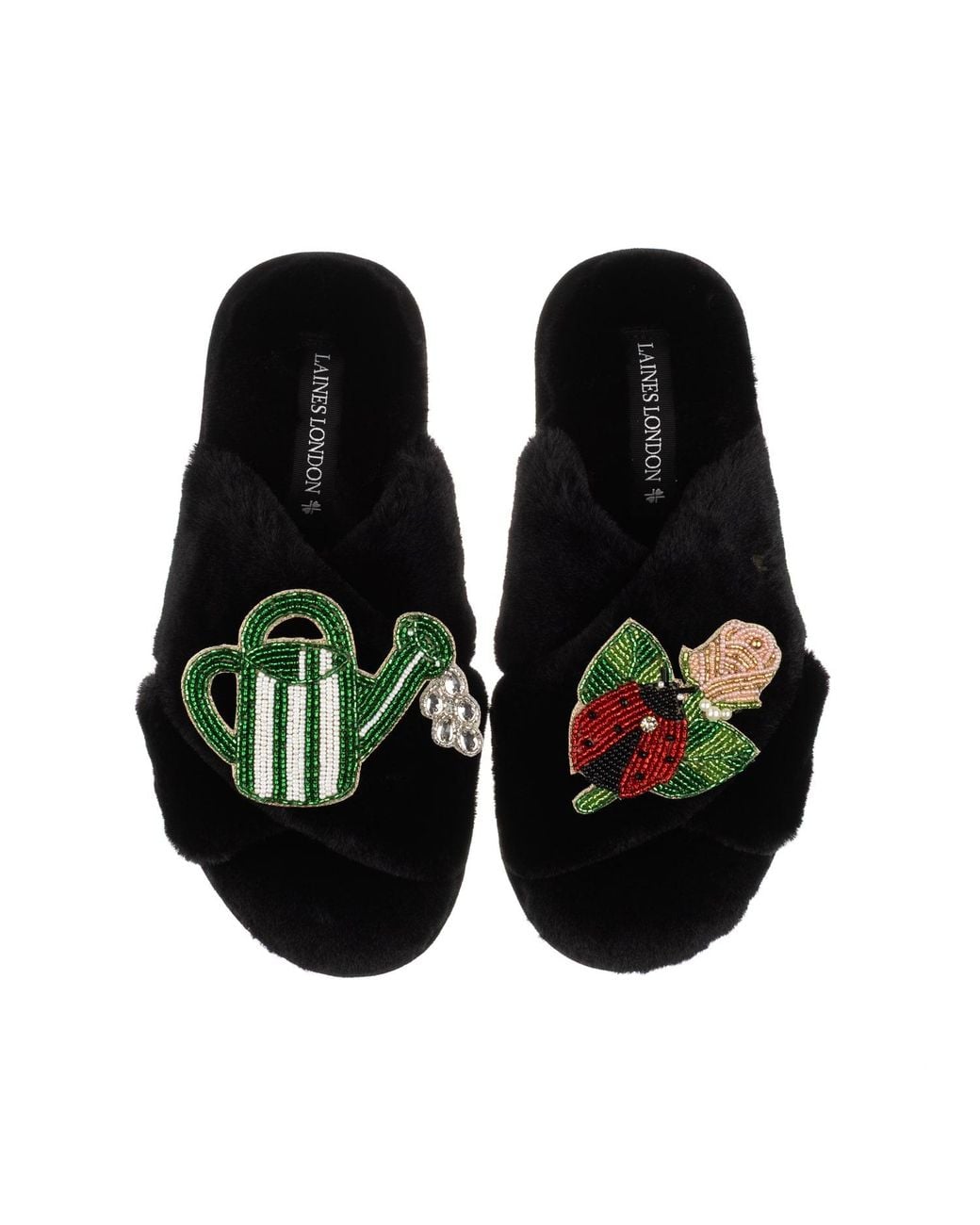 Laines London Black Classic Laines Slippers With The English Garden Brooches