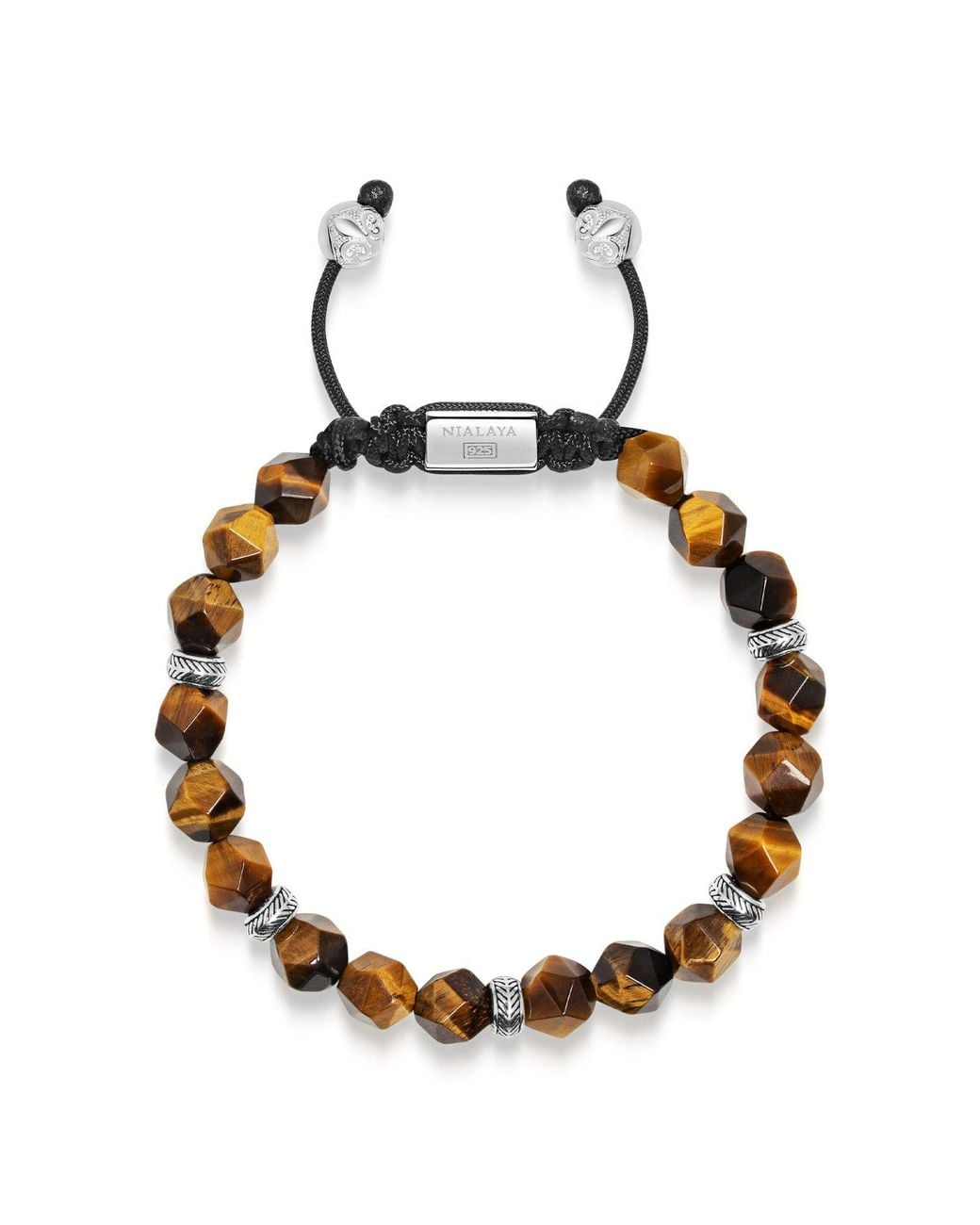 Nialaya Brown Sterling Faceted Beaded Bracelet With Tiger Eye for men