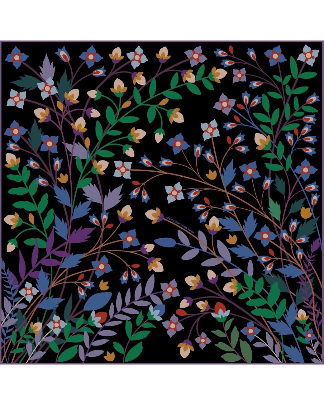 Jessie Zhao New York Black Double Sided Silk Scarf Of Night Garden