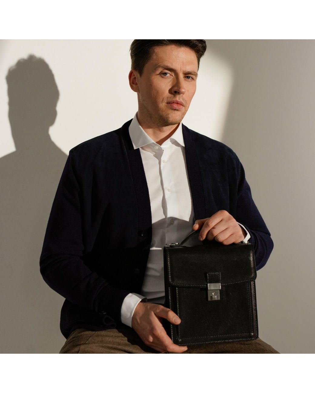 Time Resistance Black Small Leather Briefcase for men