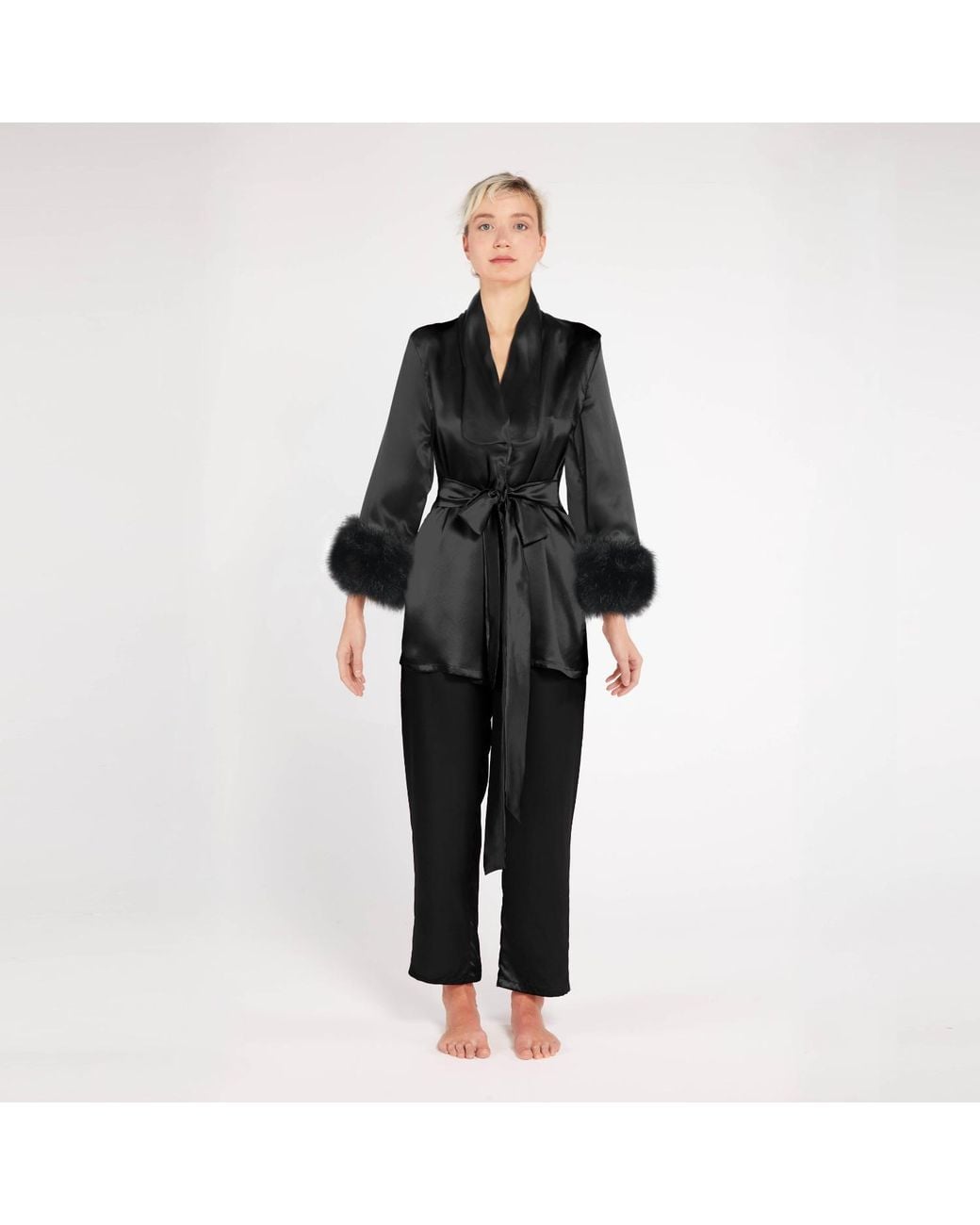 Maguy De Chadirac Black Bedtime Glamour Silk And Faux Fur Signature Pyjama