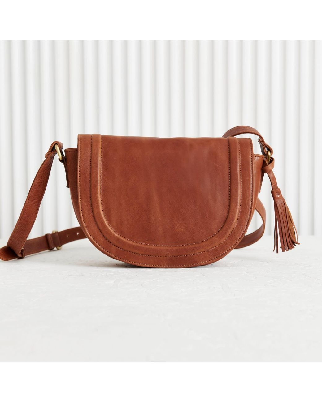 VIDA VIDA Brown Luxury Soft Leather Saddle Bag With Tassel Tan