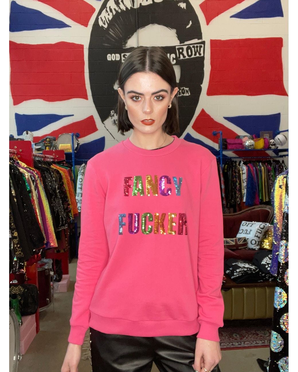 Any Old Iron Pink Fancy Fucker Sequin Sweatshirt
