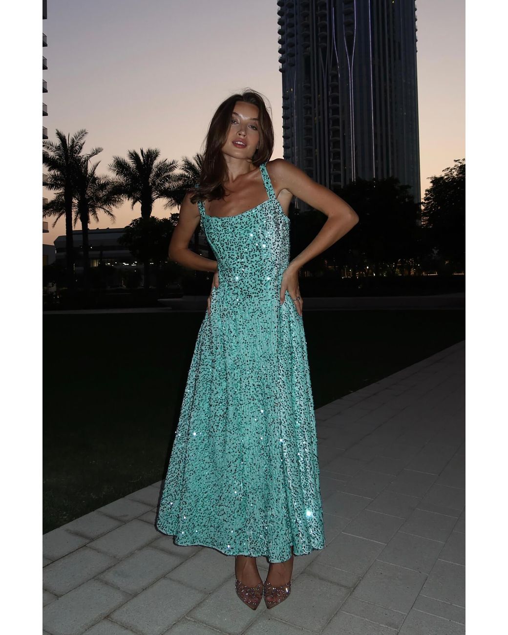 POST MERIDIEM Blue Menthol Tuck Corset Top Midi Dress