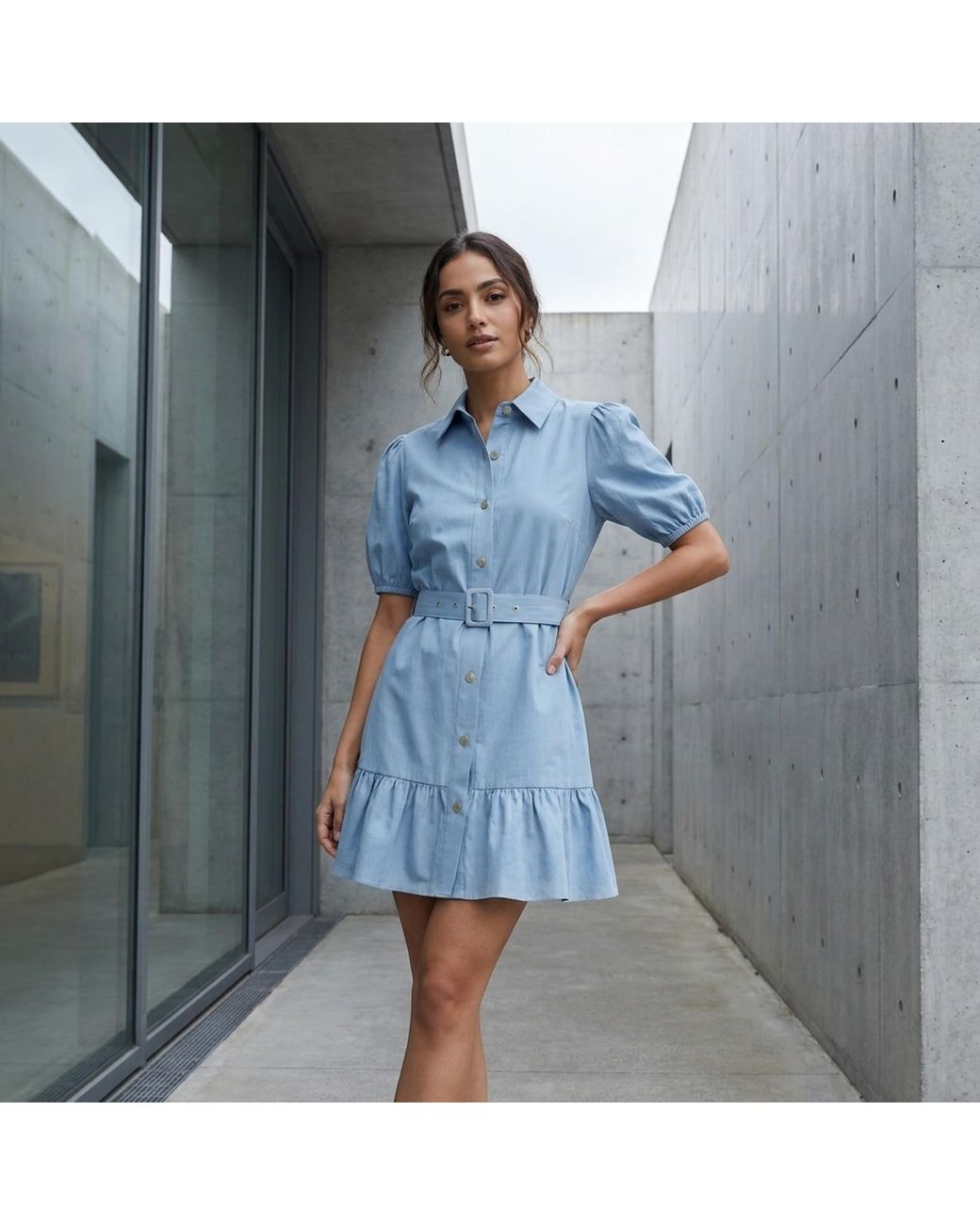 Modenaire Blue Button Up Mini Dress Sculpted Sleeve