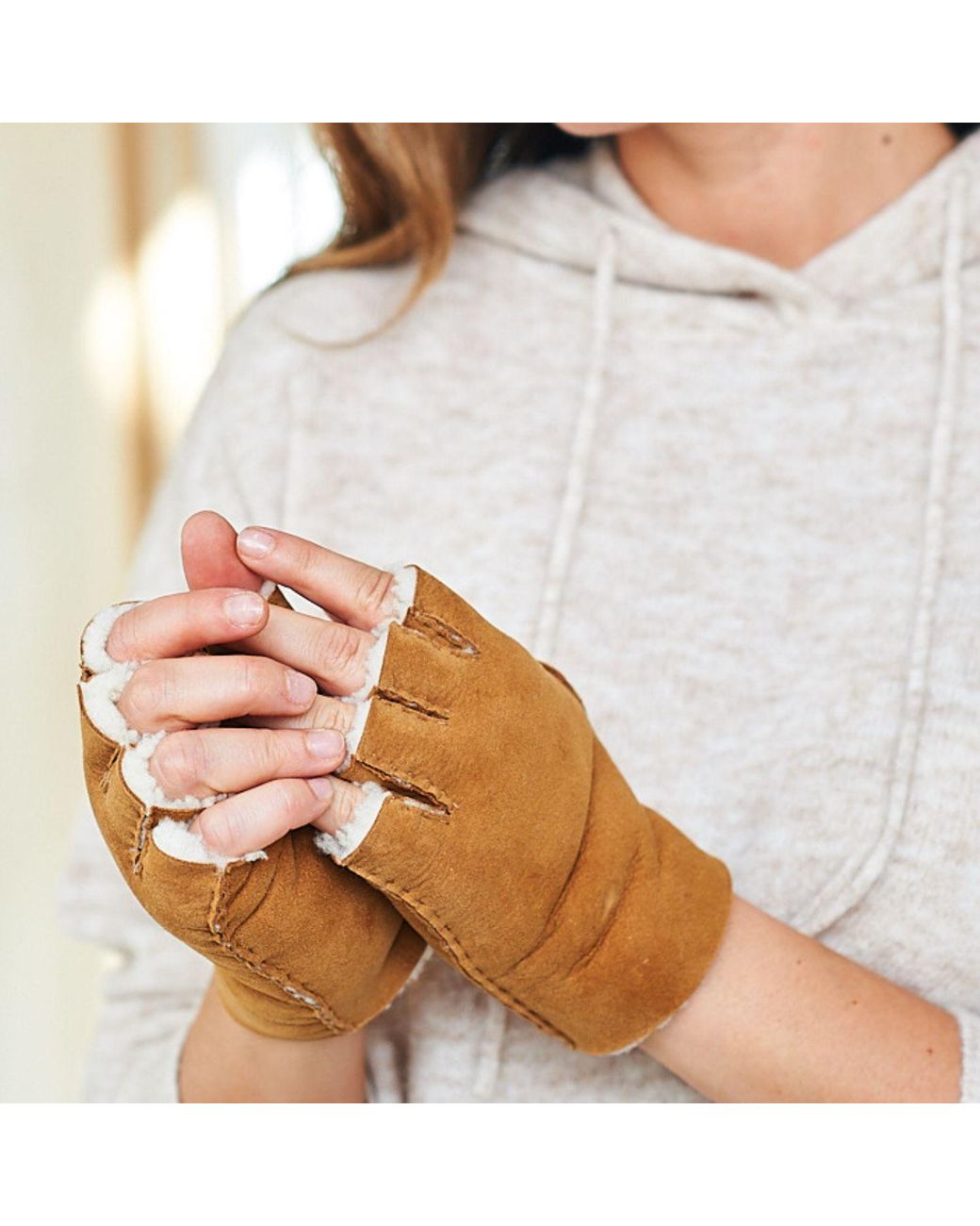 Owen Barry Brown Fingerless Gloves Brandy Cream Tan Wool