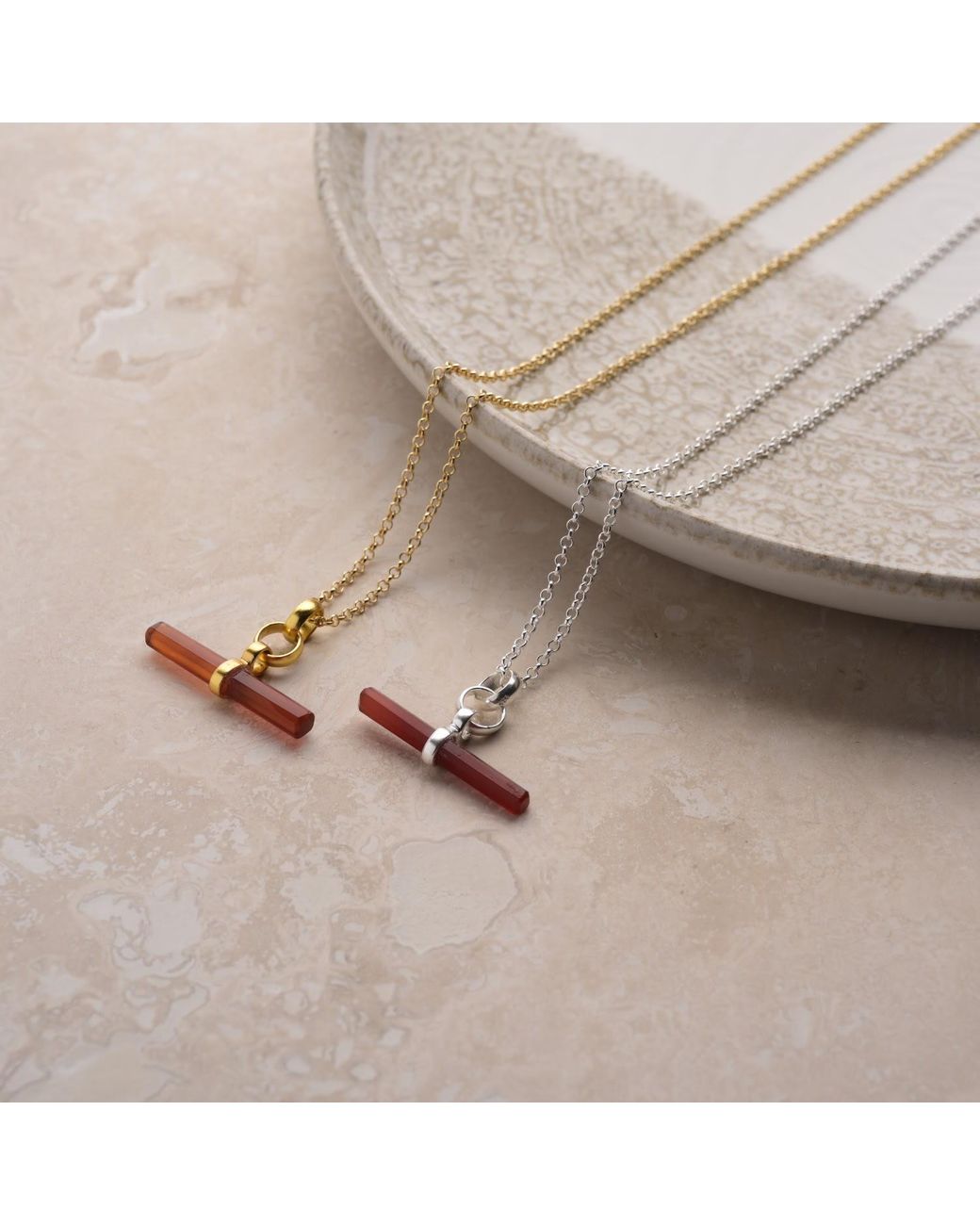 Nellou Jewellery White Carnelian T Bar Necklace Sterling