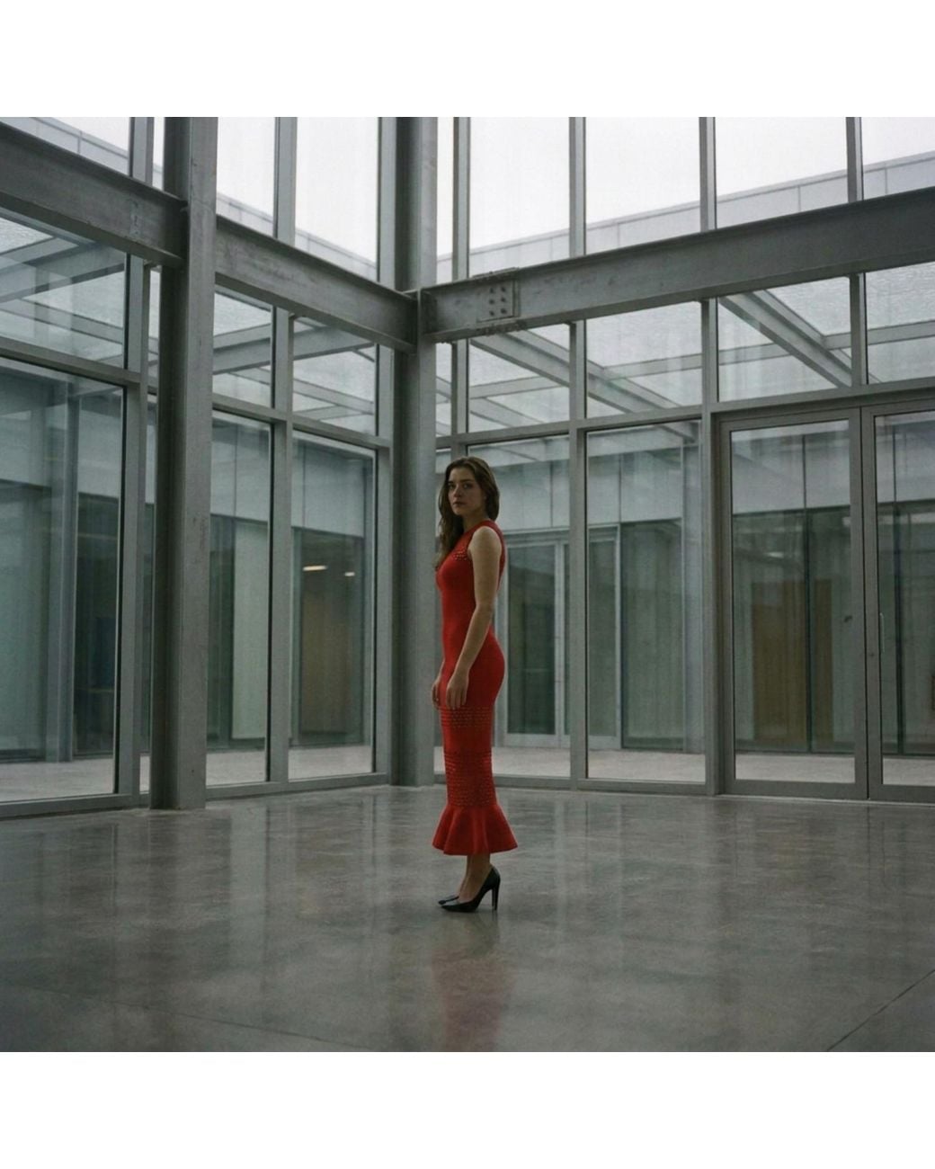 Modenaire Red Sleeveless Knit Midi Dress With Mesh Detail