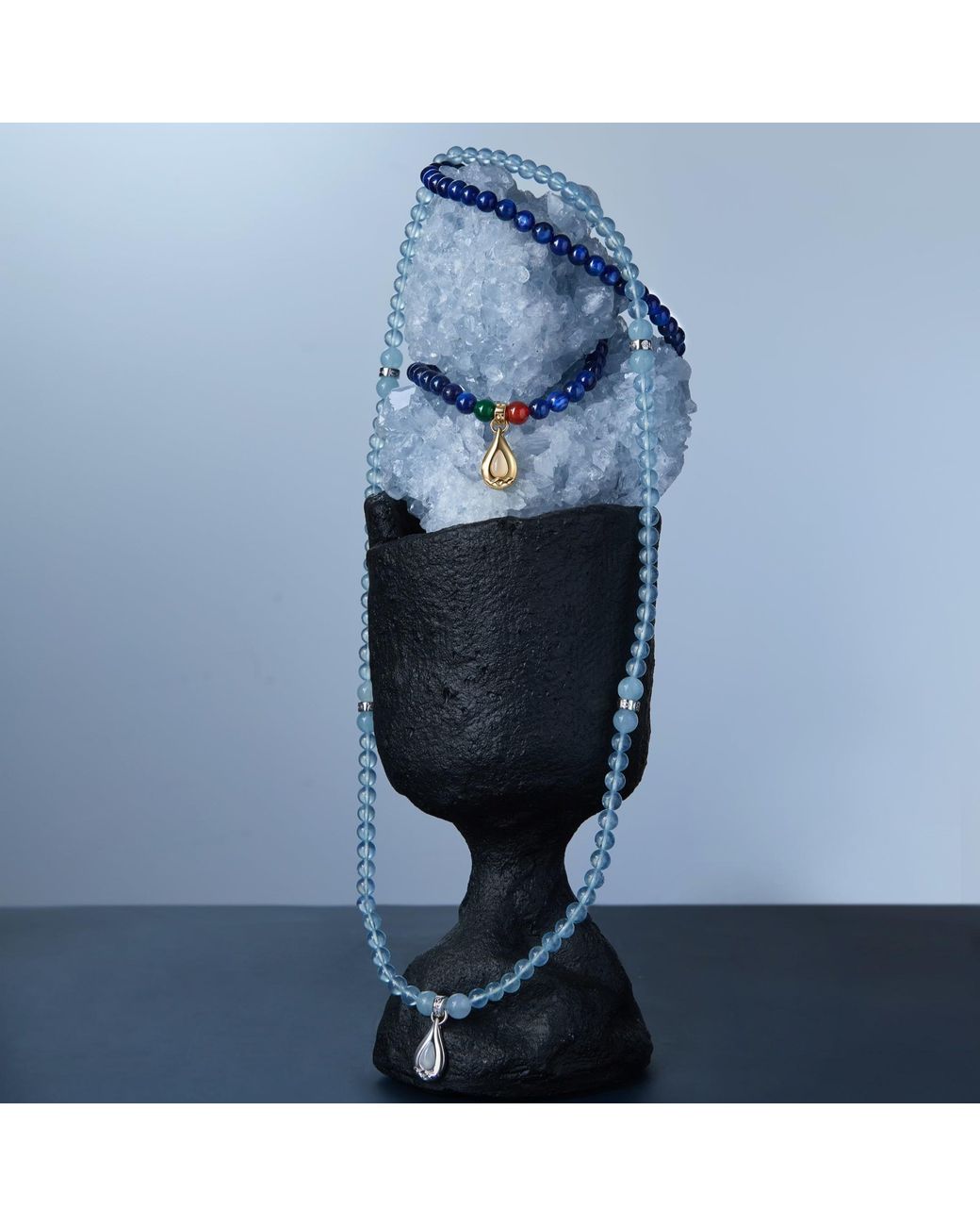 Aurozia Blue Five Elements Water/ Vermeil Aquamarine Waterdrop Pendant Three Layered Crystal Bracelet & Necklace
