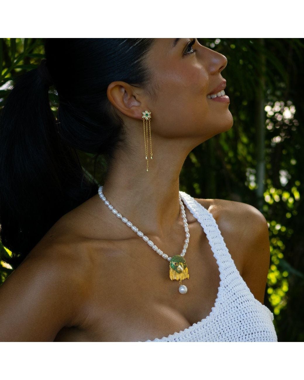 Ebru Jewelry Metallic Majestic Emerald Eagle Pearl Necklace