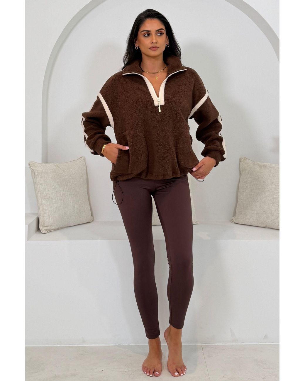Girl In Mind Brown Lilo Contrast Binding Zip Pocket Detail Fleece Chocolate